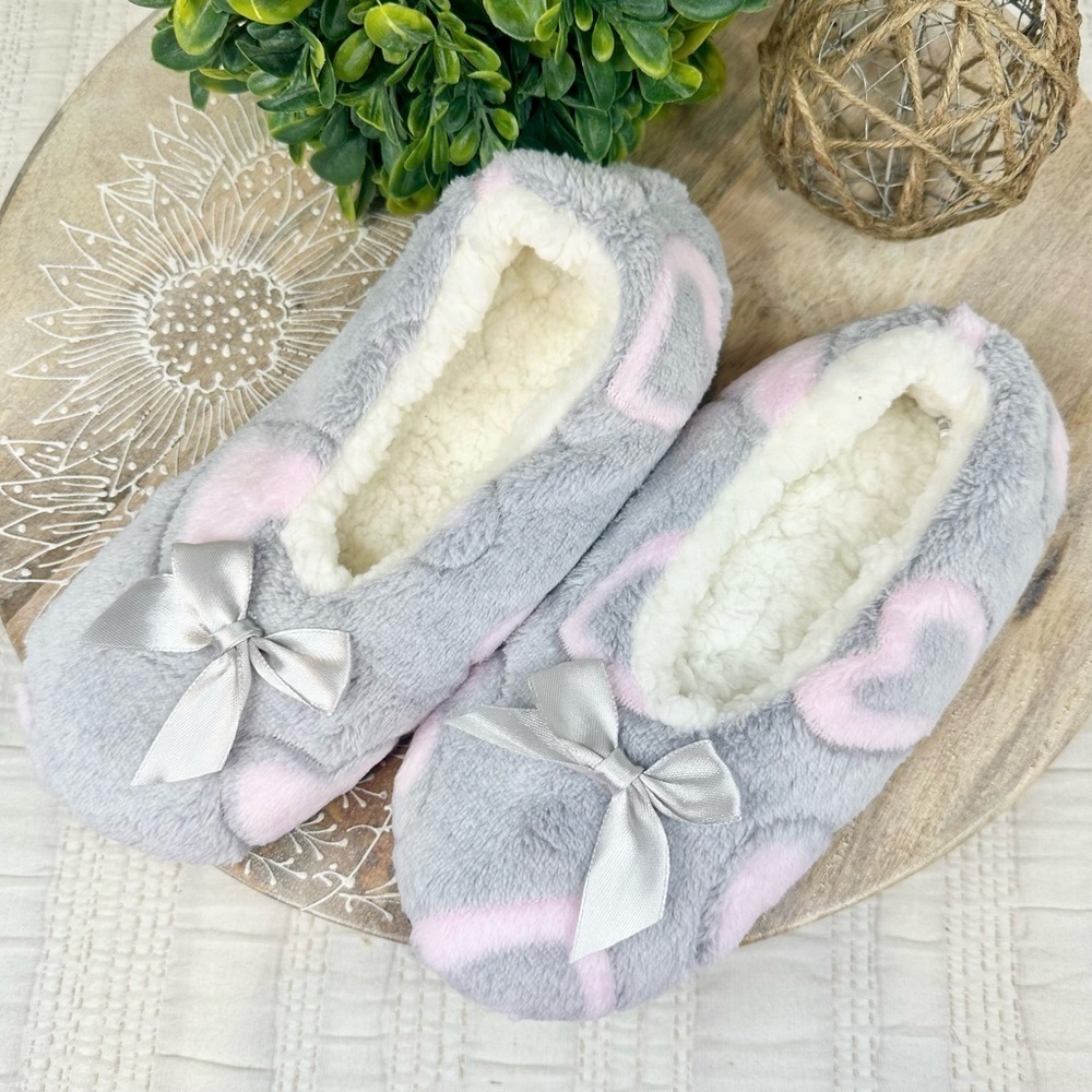 Cozy Gray and Pink Heart Slippers with Bow